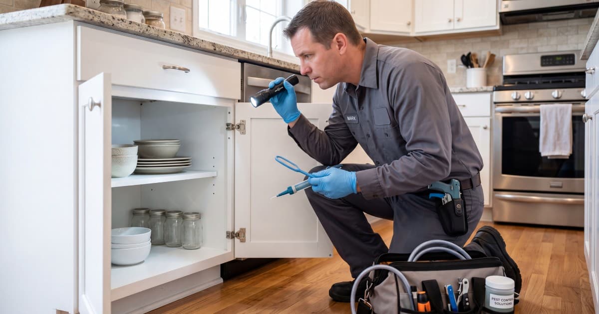 Pest control provider inspecting a kitchen cabinet