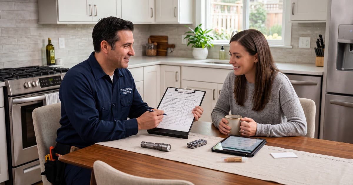 Pest control provider reviewing a service assessment with a homeowner